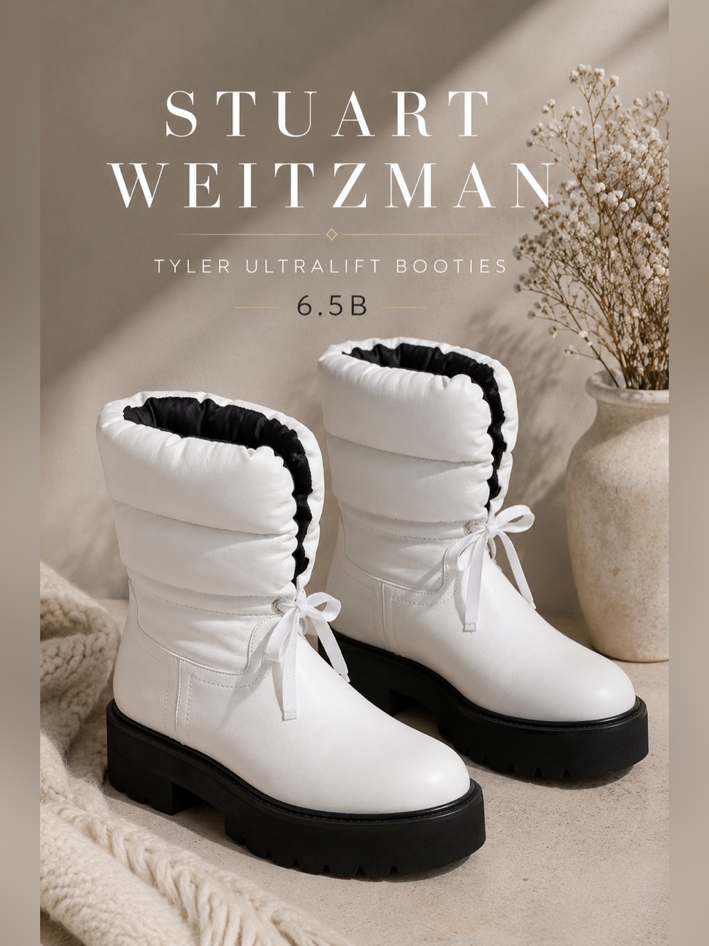 Stuart Weitzman Tyler Ultralift Lug Sole Puffer Boots White Black 6.5B